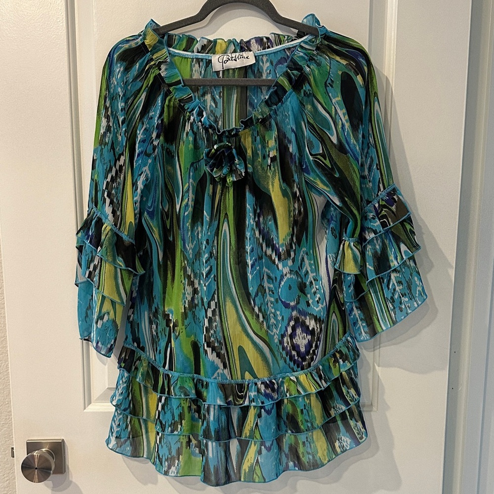 PARISLINE MGM BOUTIQUE BRAND Green & Blue Printed Ruffle Sleeve tunic OVERSIZED